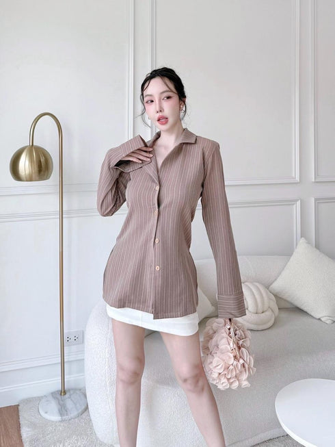 Stripes Collar Fitted Shirts With Skirts